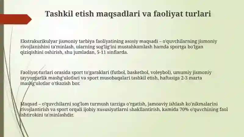 Sinfdan tashqari olib boriladigan jismoniy tarbiya ishlariga tavsif 3