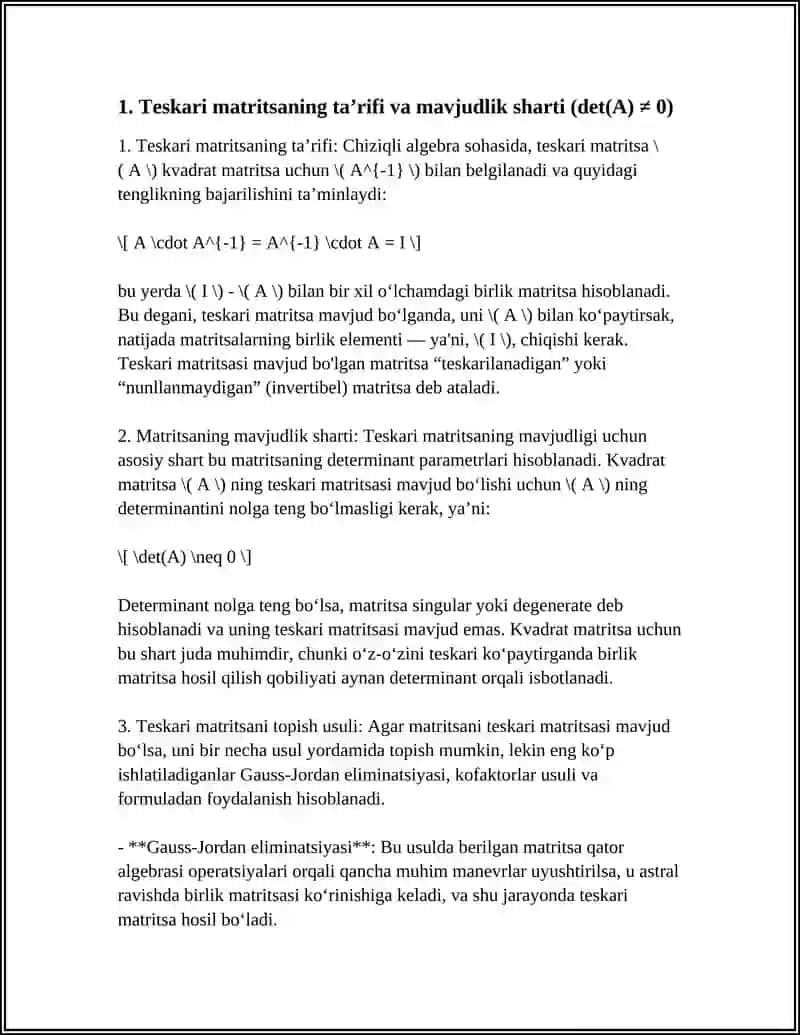 CHIZIQLI ALGEBRA FANIDAN TESKARI MATRITSANI TOPISH USULI 3