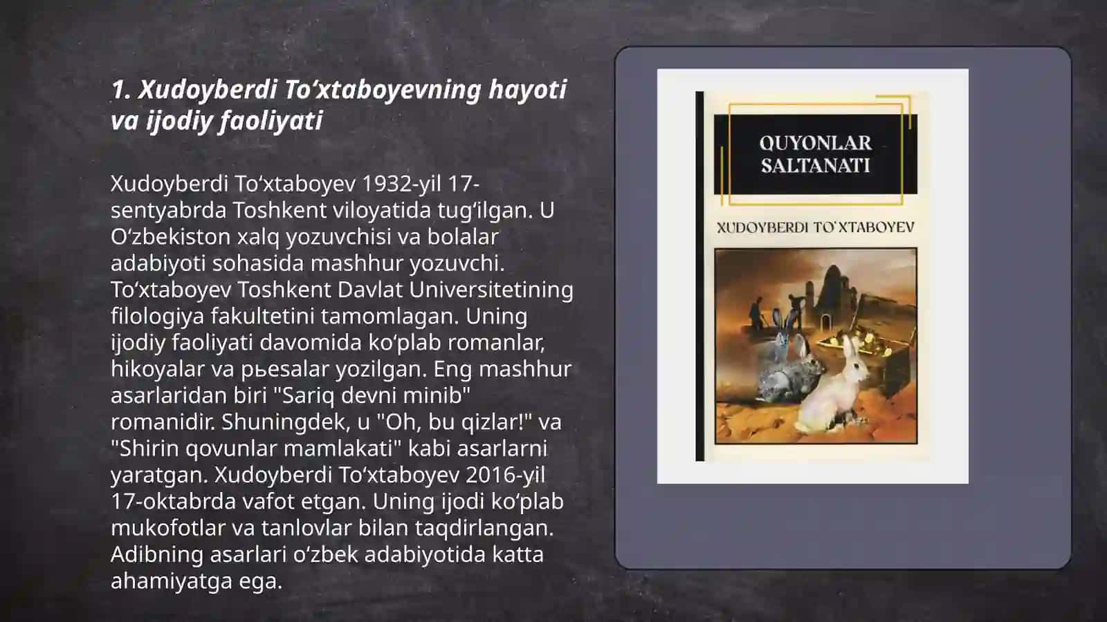 Xudoyberdi To‘xtaboyev hayoti va ijodi, "Sariq devni minib"," Qasoskorning oltin boshi", "Besh bolali yigitcha", asarlarining badiiy xususiyatlari 3
