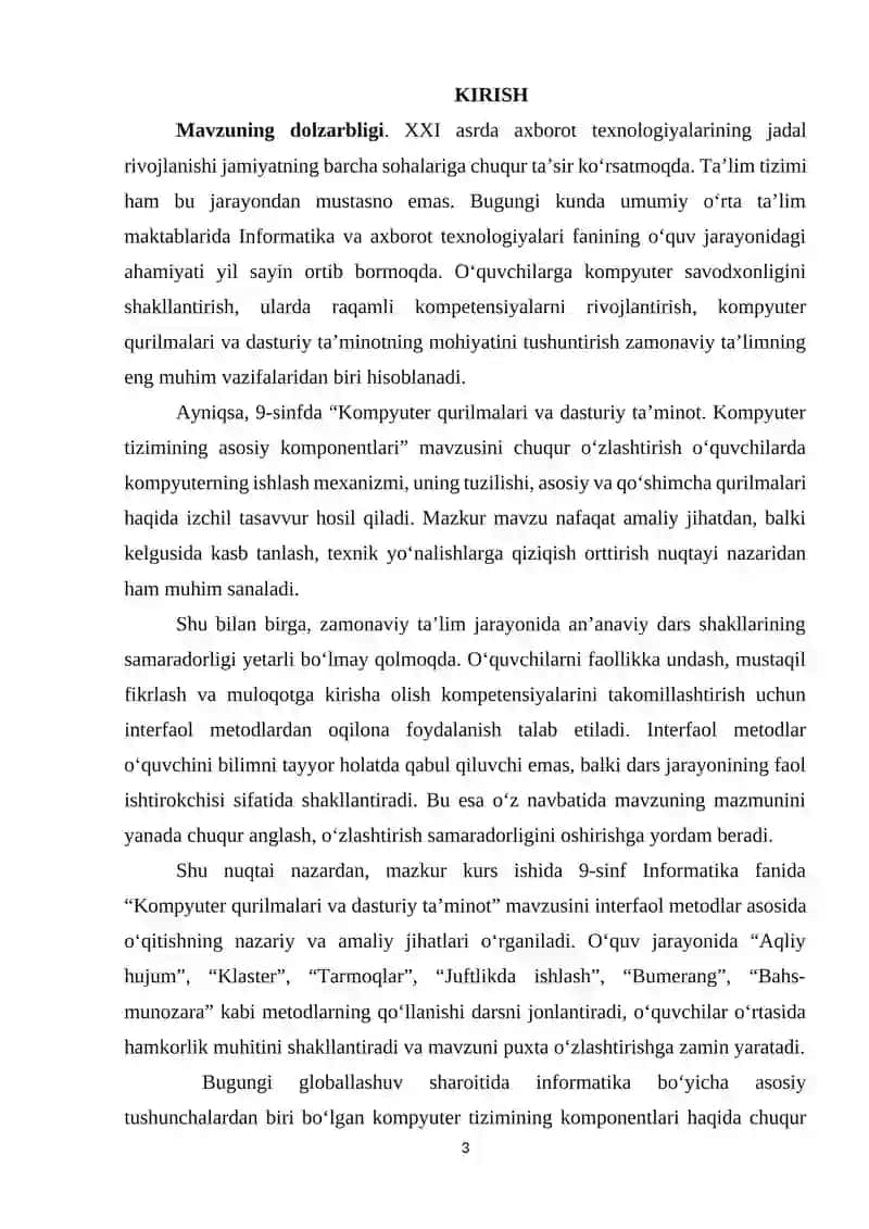 Umumiy orta talim maktablarining 9-sinfida Informatika va AT fanidan “Kompyuter qurilmalari va dasturiy taʼminot. Kompyuter tizimining asosiy komponentlari” 3