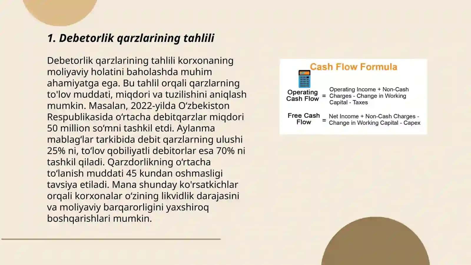 Debetorlik va kreditorlik qarzlari, pul oqimlari va xoʻjalik yurituvchi subyektlar xususiy kapitali tahlili by Xamzayev Axmadbek 3