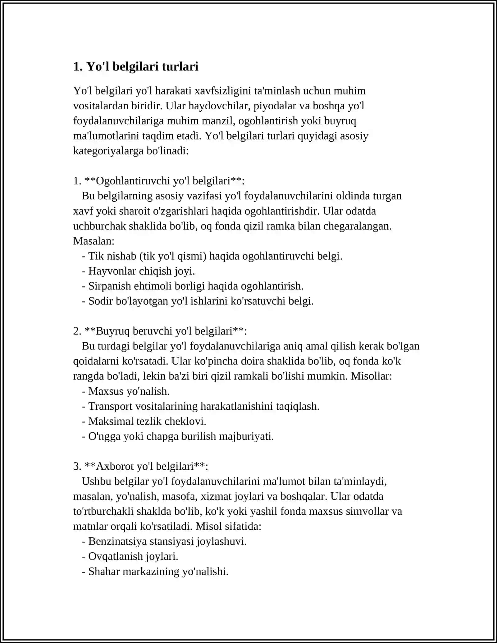 MUSTAQIL ISH Mavzu: YOʻL BELGILARI VA MASOFA 3