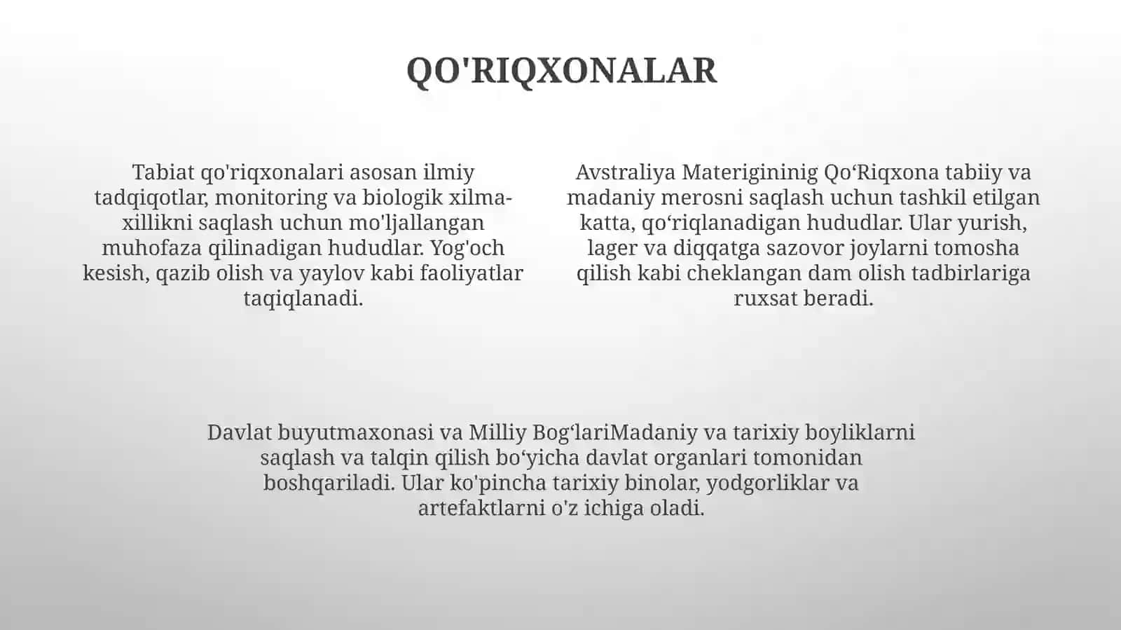 Avstraliya Materigininig QoʻRiqxona,Davlat Buyutmaxonasi Hamda MilliBogʻLari 3