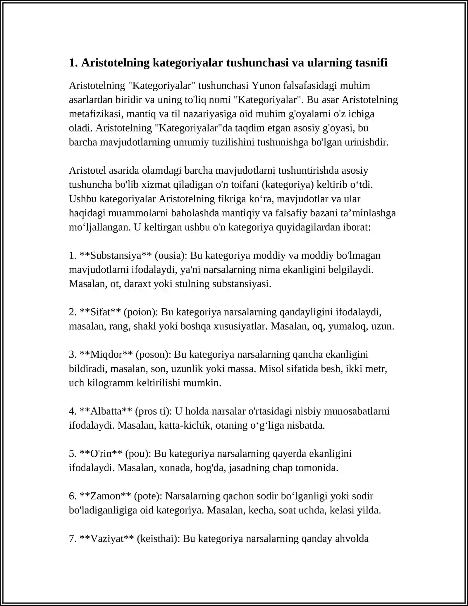 ARISTOTEL,FAROBIY VA KANT ONTOLOGIYASIDA KATEGORIYALARNING TASNIFI 3