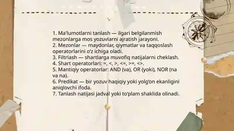 Ma’lumotlarni tanlash va ular ustida amallar - Eshqulova Sevinch 3