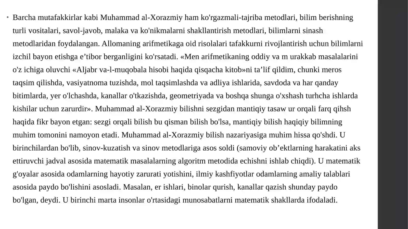Al-Xorazmiy, al-Forobiy, Abu Rayhon Beruniy, Abu Ali ibn Sinolarning ta’lim -tarbiyaga oid qarashlari 3