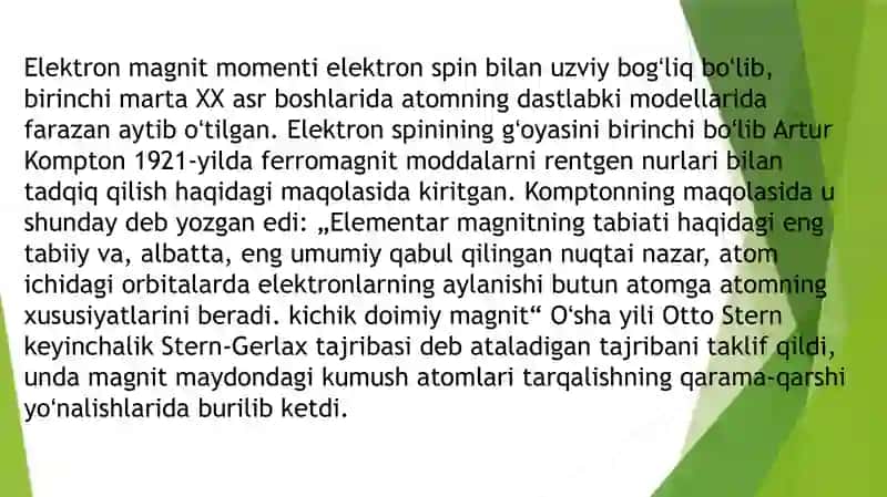 ELEKTRONNING ORBITAL MEXANIK MOMENTI ELEKTRONNING ORBITAL  MAGNIT MOMENTI  ELEKTRONNING XUSUSIY MOMENTI SPIN SHTIM VA  GERIAX TAJRIBALARI 3