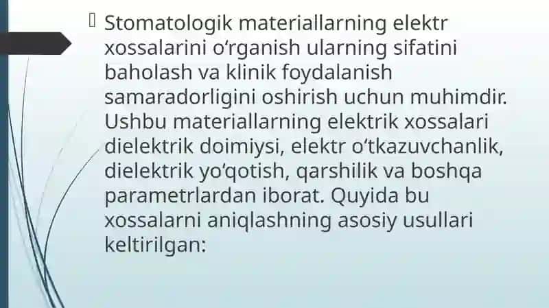 Stomatologik materiallarning elektrik xossalarini aniqlash usullari 3
