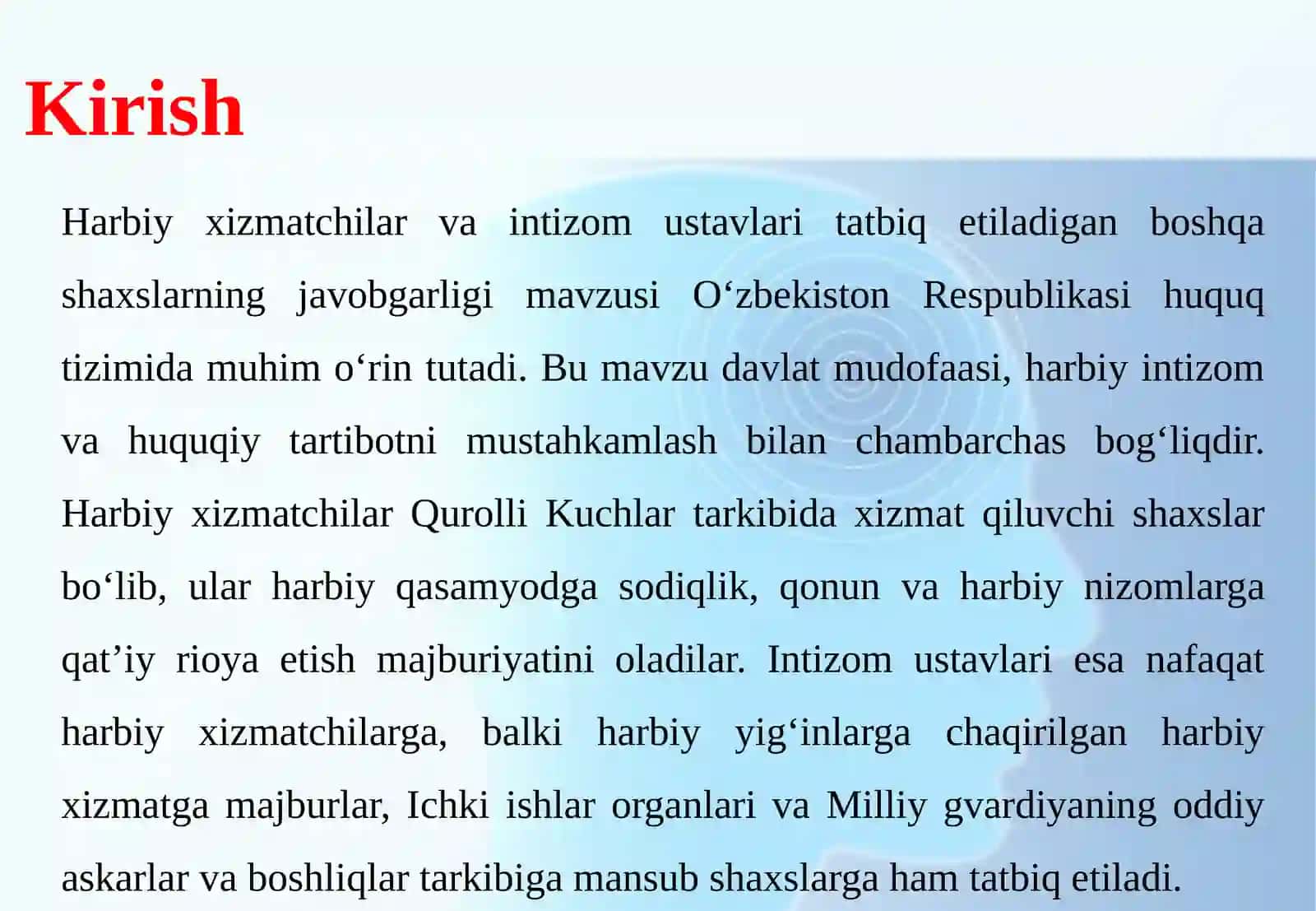 HARBIY XIZMATCHILAR VA INTIZOM USTAVLARI TATBIQ ETILADIGAN BOSHQA SHAXSLARNING JAVOBGARLIGI 3