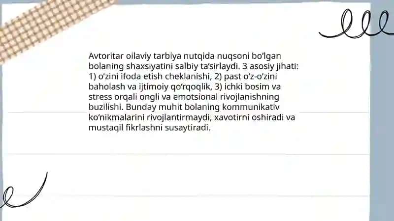 Oilaviy tarbiya uslublari va ularning nutqida nuqsoni bo’lgan bolaning shaxsiyatini rivojlantirishga ta’siri 3
