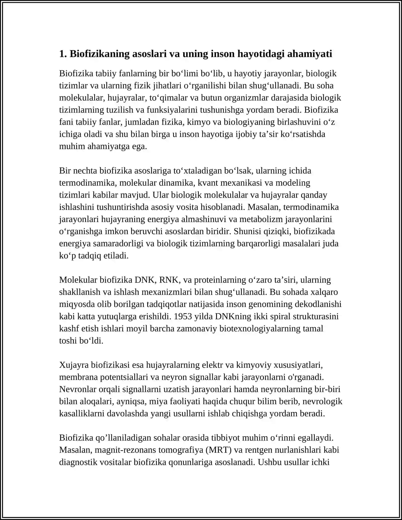 BIOFIZIKA ASOSLARI VA UNI INSON HAYOTIDAGI O'RNI TAJRIBA O'TKAZISH, QURILMA VA O'LCHOV ASBOBLARINI TANLASH MUSTAQIL ISH 3