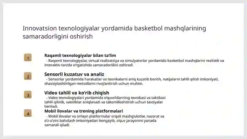 Basketbol o‘yin mashqlar texnikasi va taktikasi usullarini o‘rgatishni takomillashtirish hamda mahoratini oshirish. 3