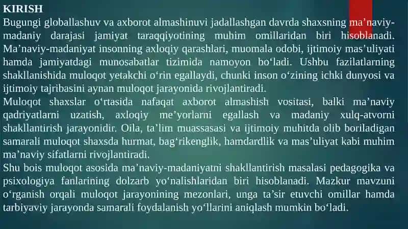 Muloqot asosida ma'naviy ma'daniyatni shakillantirish mezonlari va omillari. 3