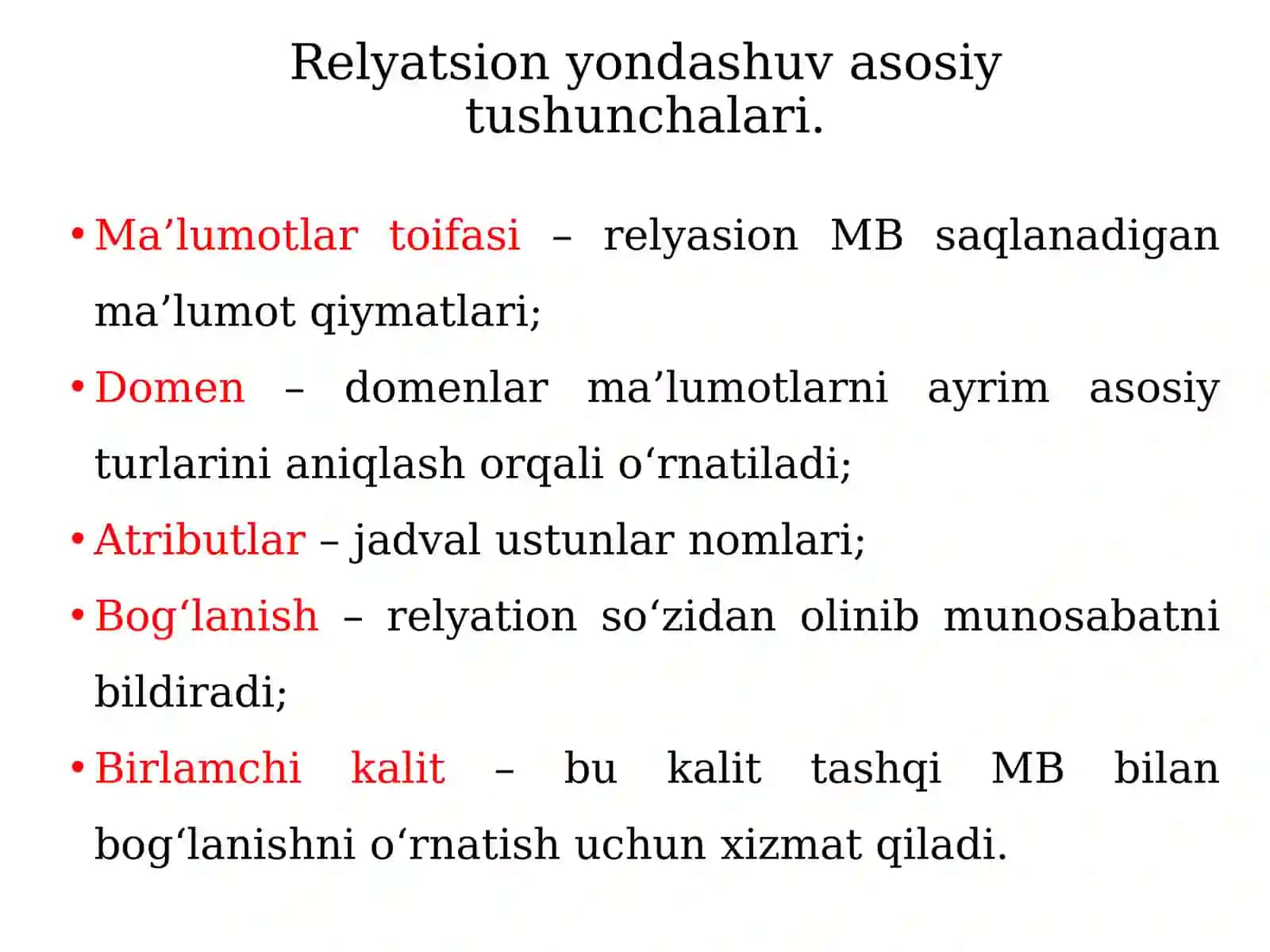 Ma’lumotlar modeli. Relyatsion ma`lulotlar bazasida munosabatlar. 3
