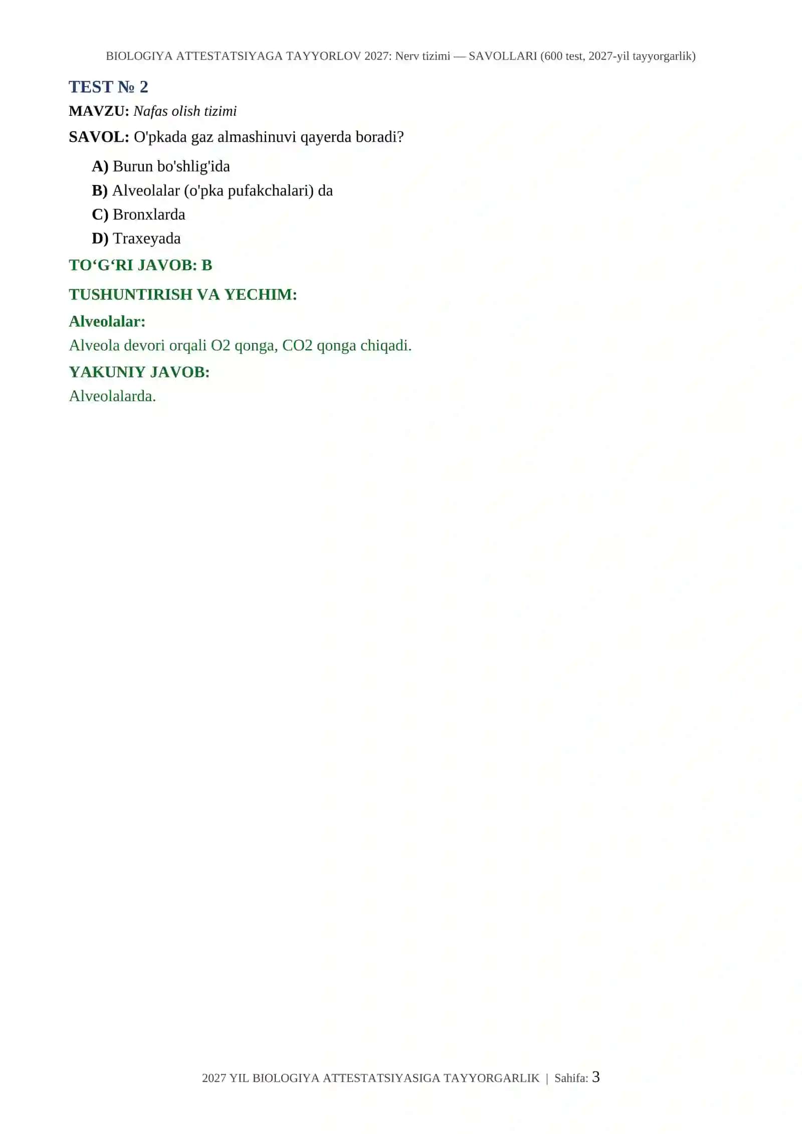 BIOLOGIYA ATTESTATSIYAGA TAYYORLOV 2027: Nerv tizimi — SAVOLLARI (600 test, 2027-yil tayyorgarlik) 3