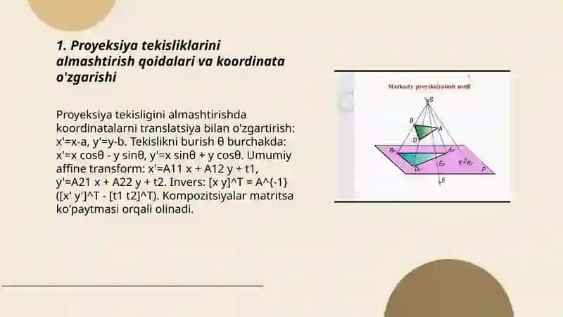 Proyeksiya tekisliklarini almashtirish, aylantirish va joylashtirish usullari va nuqtani, to'g'ri chiziqni, tekislikni aylantirishiga doir masalalami yechish 3