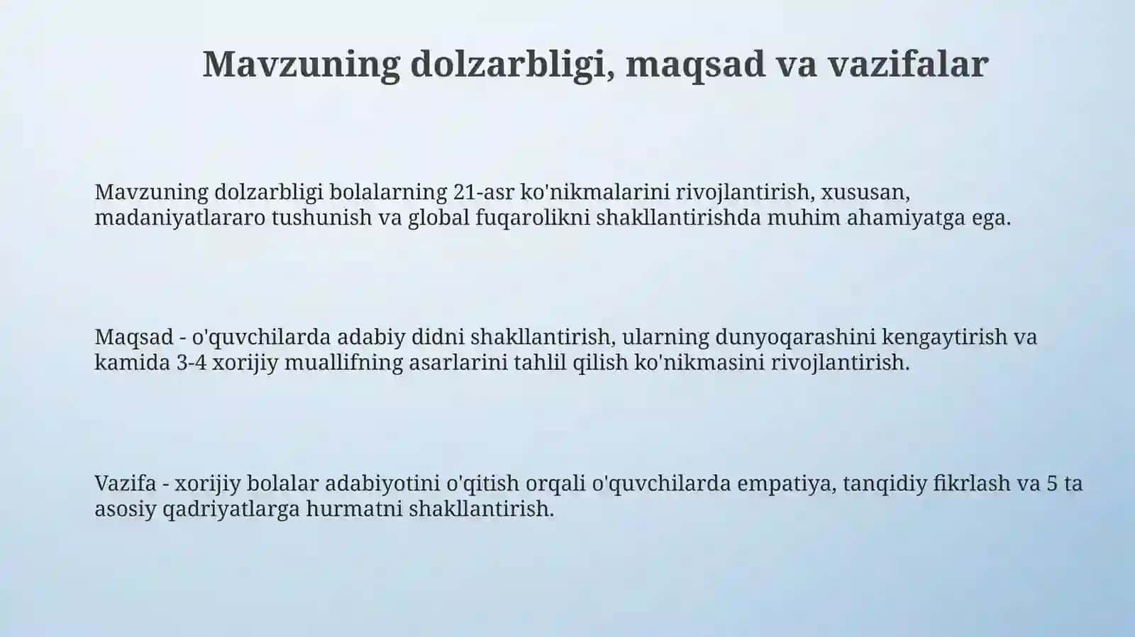 sinfdan tashqari oʻqish darslarini tashkil etishda chet el bolalar adabiyoti asarlaridan foydalanish 3