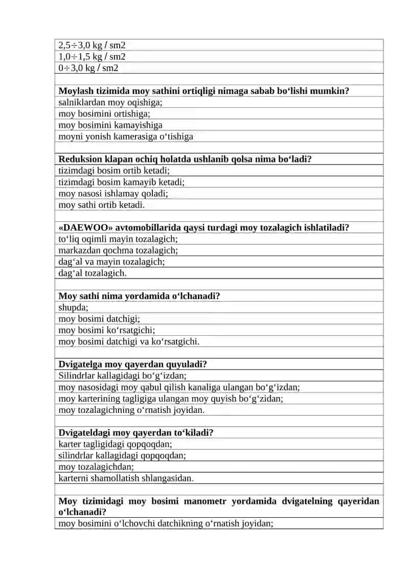 TRAKTOR VA AVTOMOBILLAR’ Fanidan Yakuniy savollari 3