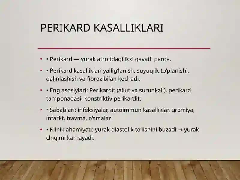Perikard kasalliklari. Yurak oʻsmalari. Yuak transplantatsiyasi. 3