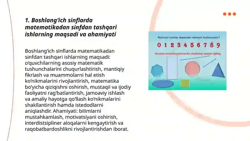 Boshlangʻich sinflarda matematikadan sinfdan tashqari ishlar fanining maqsad va vazifalari 3