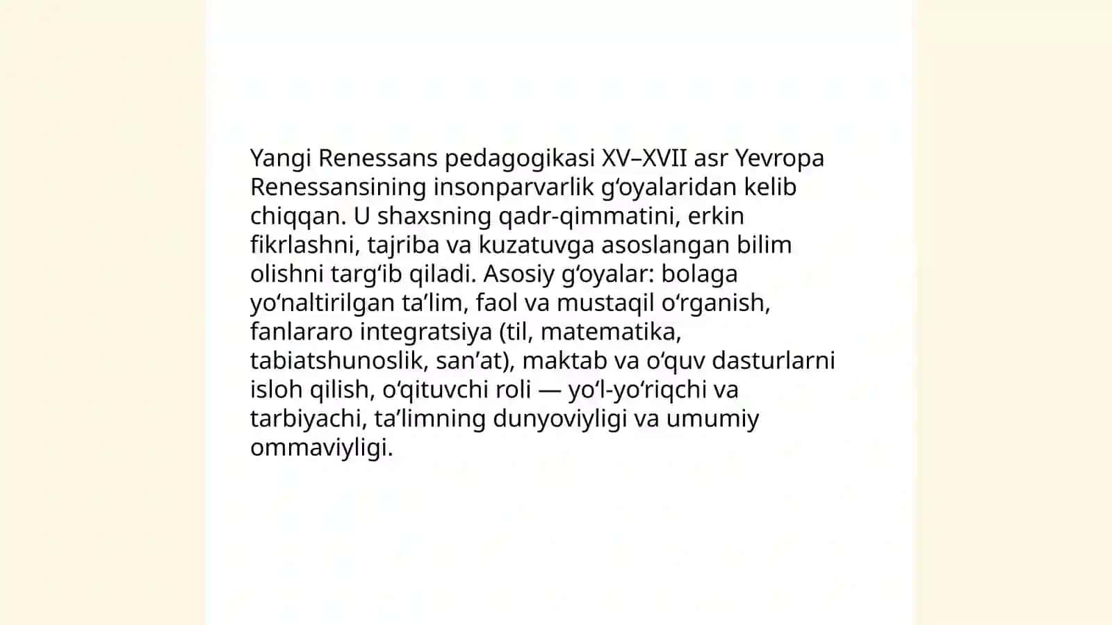 Yangi Renessans pedagogikasi. Yan Amos Komenskiyning pedagogik tizimi. Konstantin Dmitriyevich Ushenskiyning pedagogik tizimi. XX asr jahon taʼlim tizimidagi global trendensiyalar 3