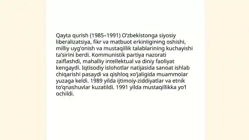 Qayta qurish yillarida O’zbekistondagi ijtimoiy- siyosiy vaziyat mavzusida test tuzish 3