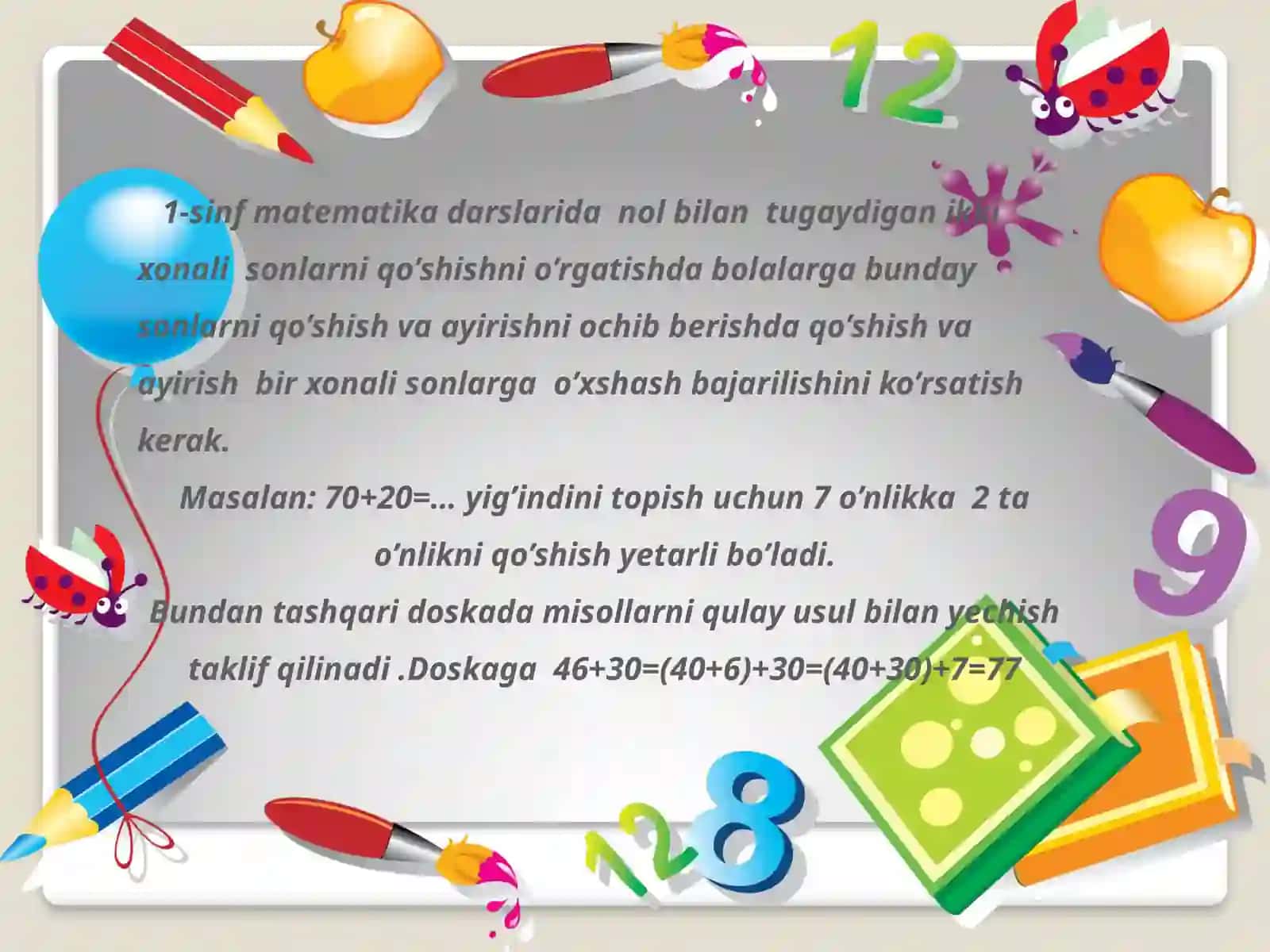 1-sinf matematik darslarida nol bilan tugaydigan ikki xonali sonlarni qo'shishni o'rgatish metodikasi 3