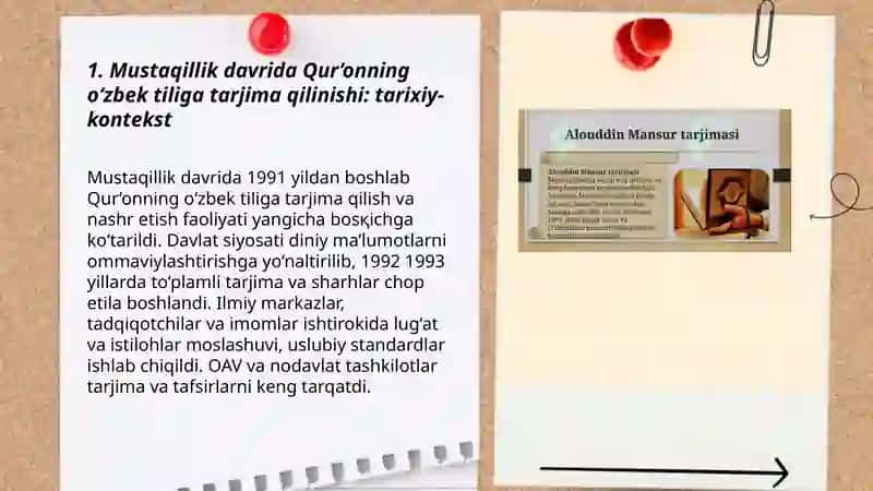 Mustaqillik yillarida Qur‘onning o‘zbek tiliga tarjima qilinishi va tafsirlari haqida taqdimot 3