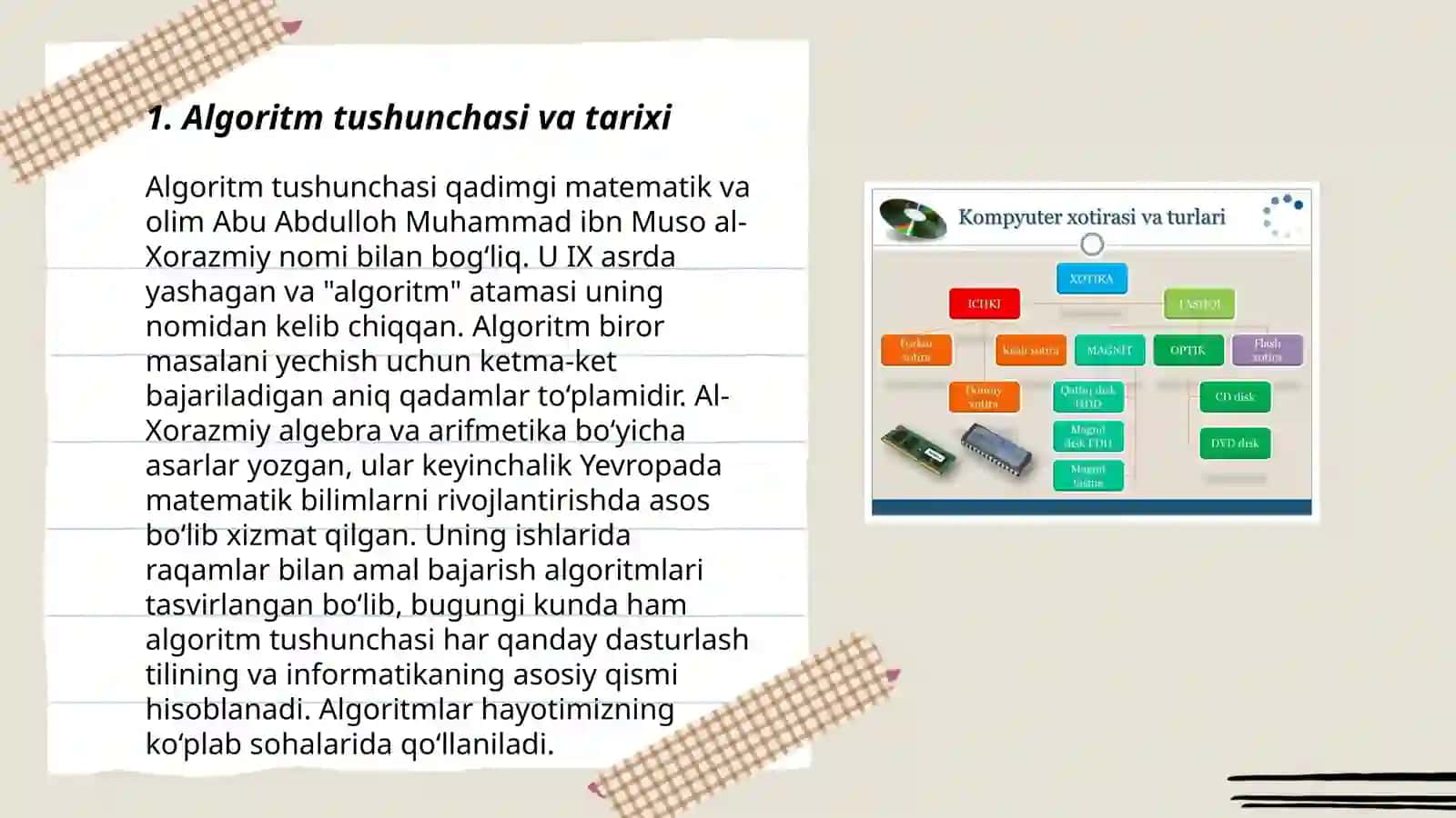 Algoritim tushunchasi va ulardan foydalanish. Algoritim va uning xossalari. Algoritim turlari. Algoritim nazariyasiga asos solgan oilalar 3