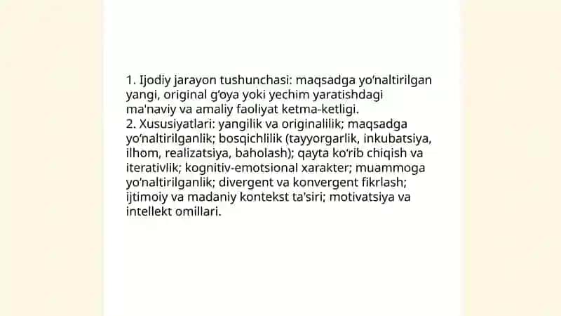 IJODIY JARAYONNING BOSQICHLARI. IJODIY JARAYONLARNI MODELLASHTIRISH. IJODIY YECHIM TOPISH USULLARINING UMUMIY TAHLILI 3