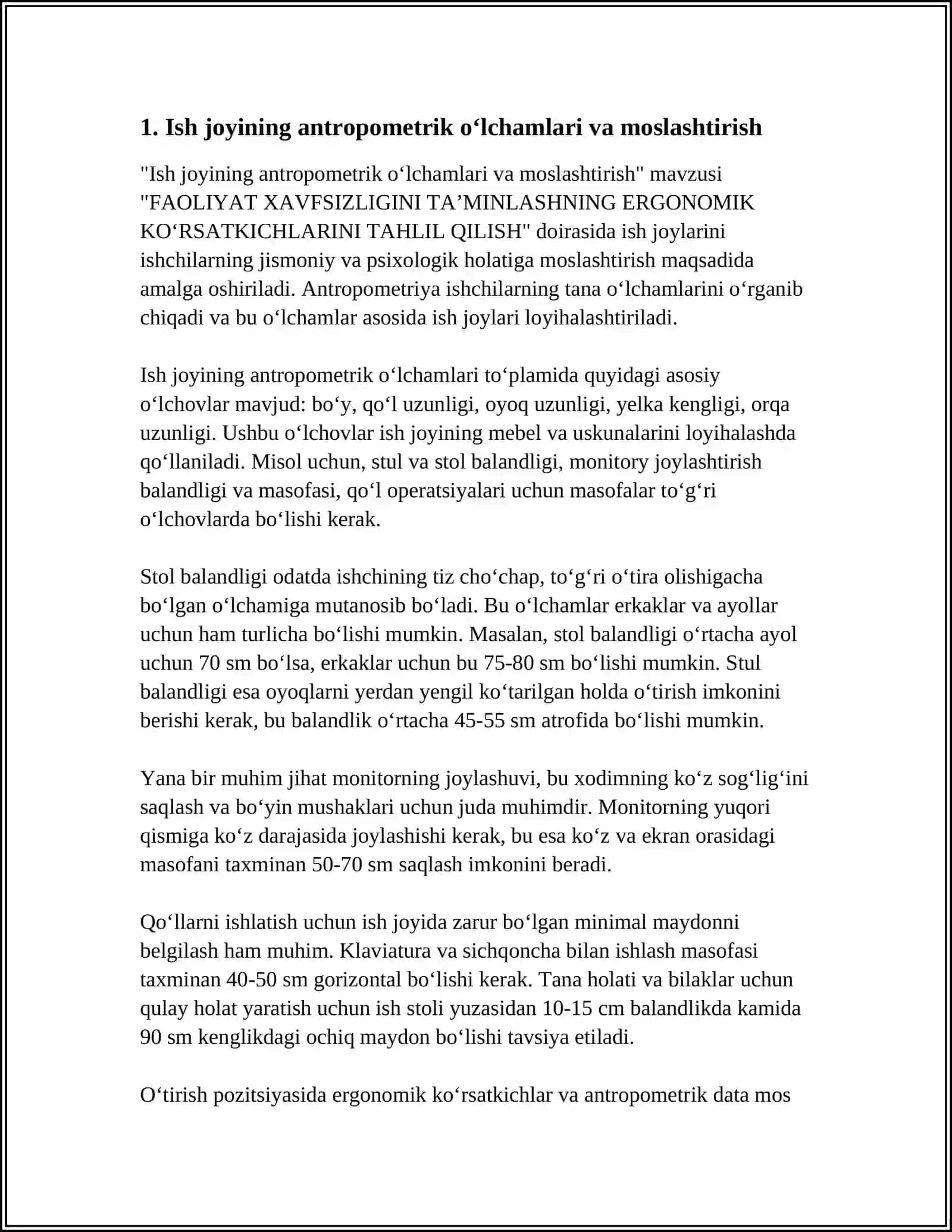 FAOLIYAT XAVFSIZLIGINI TA’MINLASHNING ERGONOMIK KО‘RSATKICHLARINI TAHLIL QILISH 3