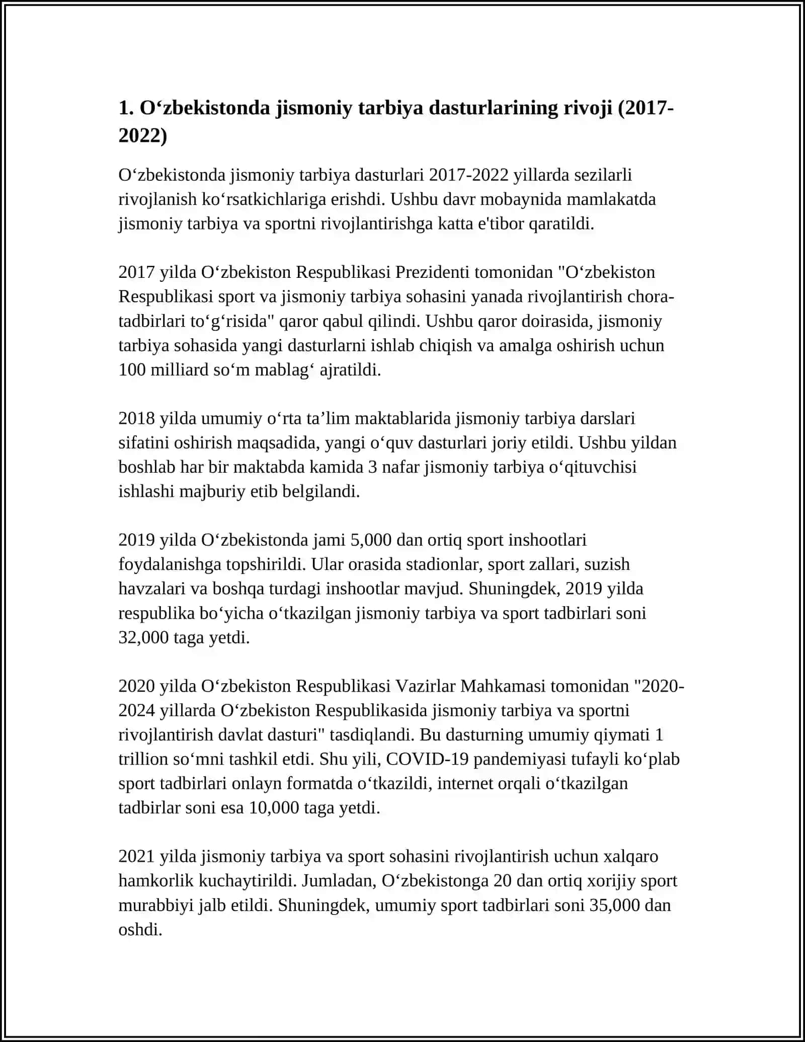 OʻZBEKISTON RESPUBLIKASIDA JISMONIY TARBIYA VA SPORT (2017-2022 YILLAR) 3