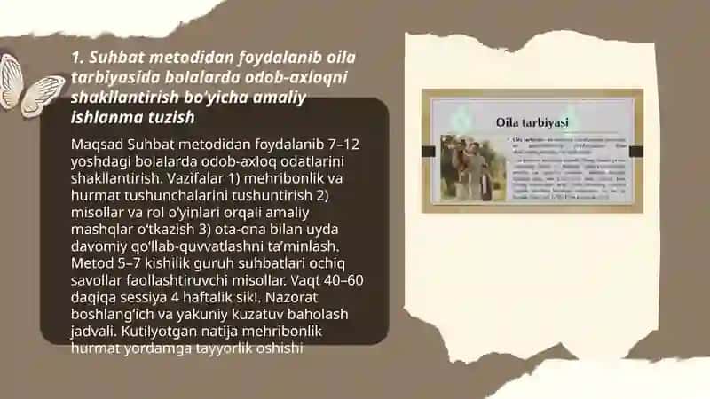 Oila tarbiyasi metod, shakl va vositalaridan bittadan tanlab olib, amaliy ishlanma tuzish 3