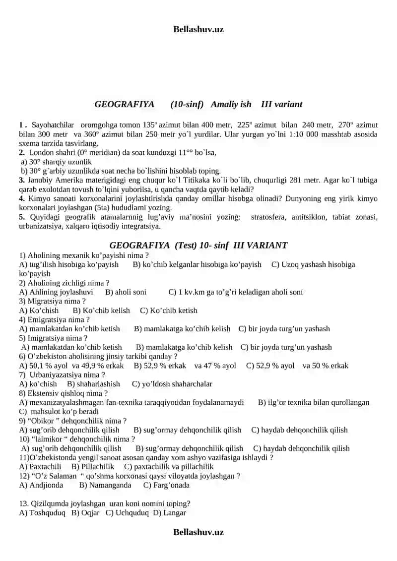 GEOGRAFIYA (9-sinf) Amaliy ish III variant 3
