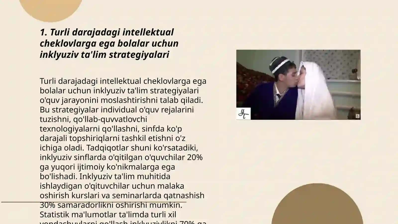 Turli darajadagi intelektual yetishmovchiligi boʻlgan bolalar,autistik spektr buzilishlariga ega bolalar uchun inklyuziv taʼlim strategiyalari va ularni amalfa oshirish shart-sharoitlari 3