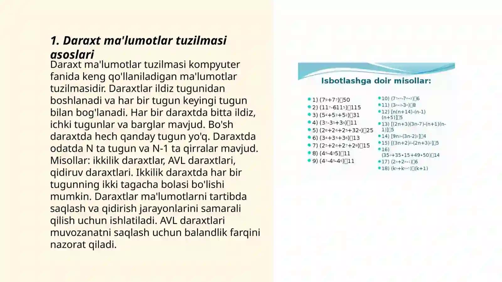 Daraxt ma’lumotlar tuzilmasidagi asosiy amallar, daraxtlarni qidirish va kiritish. daraxtning balandligi, darajasi va chuqurligi 3