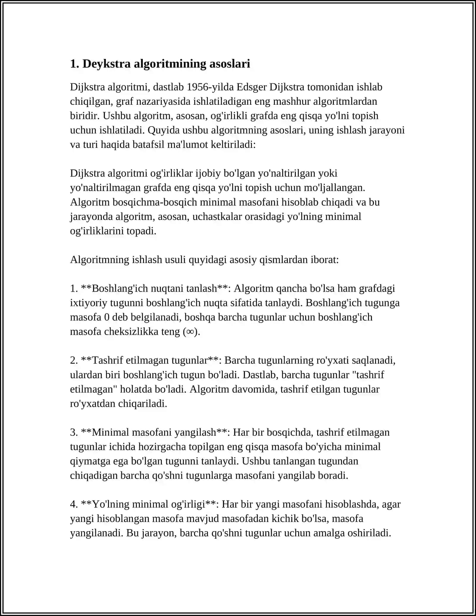 GRAFLARDA ENG QISQA YO'LNI ANIQLASHNING DEYKSTRA ALGORITMLARI 3