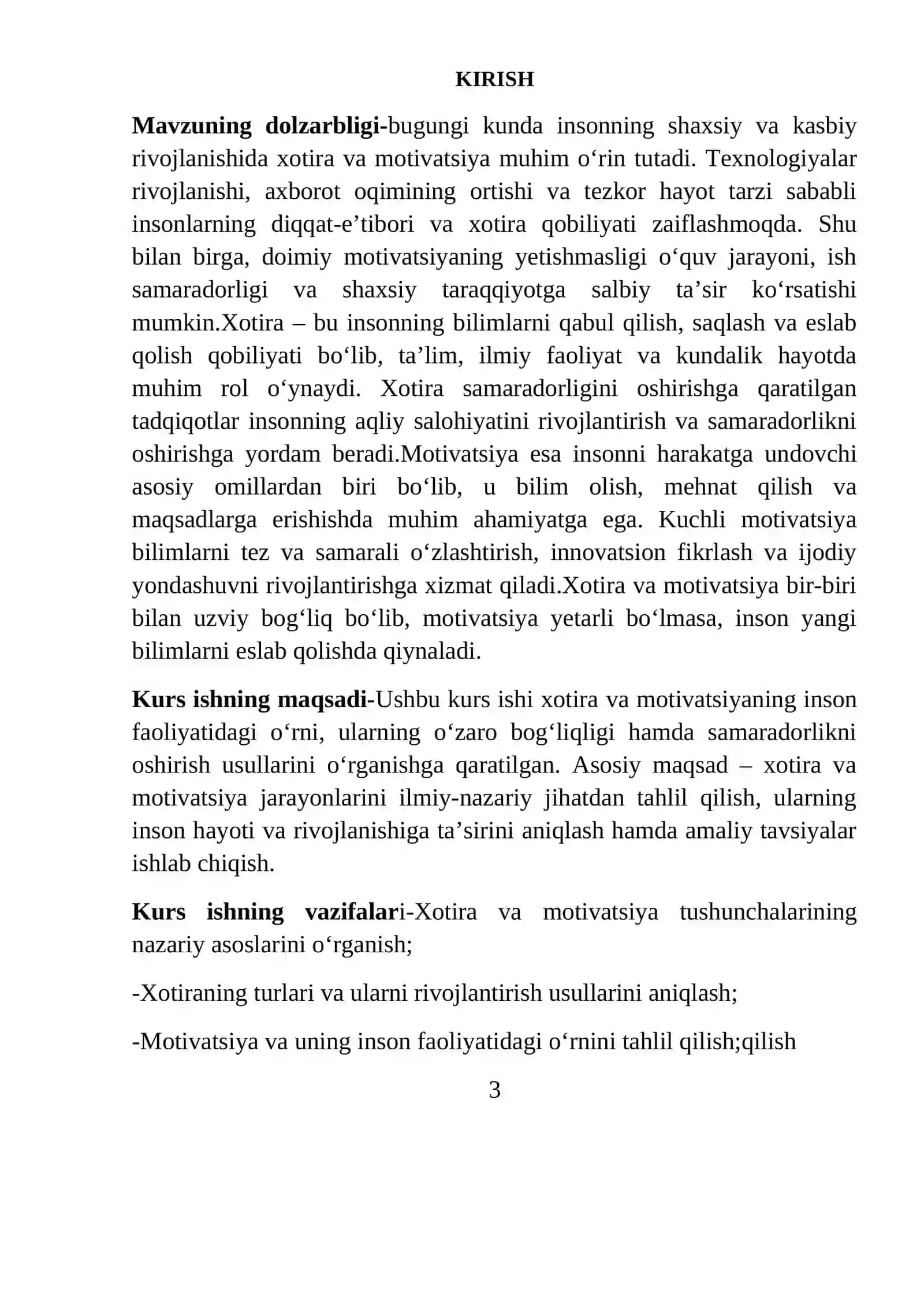 KURS ISHI: Xotira va motivatsiya 3