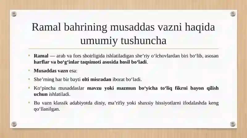 Ramal bahrining muqaddas vaznlari tahlil qilish.Mohlaroyim Nodira she’rlari asosida. 3