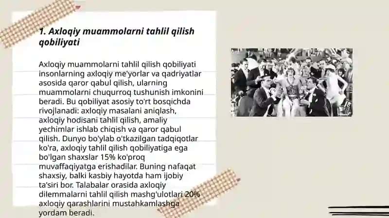 Tibbiyotda, kasbiy faoliyatda yuzaga keladigan axloqiy muammolarni samarali tahlil qilish va hal qilish qobiliyati. Burch, sha'n, qadr-qimmat, adolat kabi axloqiy qadriyatlar haqida tushunchaga ega boʻlishMuloqot ko'nikmalarni rivojlantirish 3