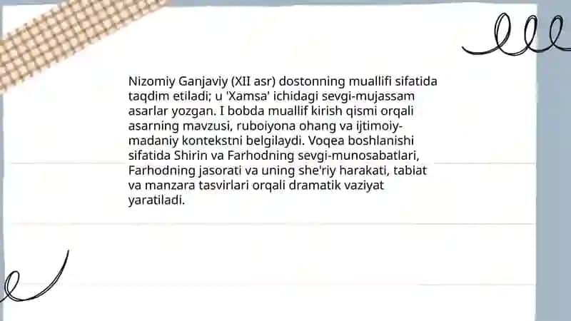 "Farhod va Shirin" dostonining boblar bo‘yicha tavsifi 3