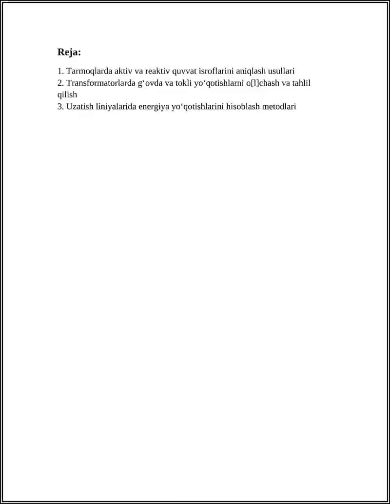 TARMOQ VA TRASFORMATORLARDA QUVVAT ISROFINI ANIQLASH 3