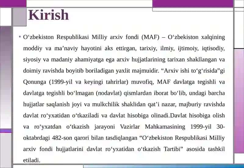 O‘zbekiston Respublikasi Milliyarxiv fondi hujjatlarini davlat hisobiga olish varo‘yxat dano‘tkazish Taribi 3