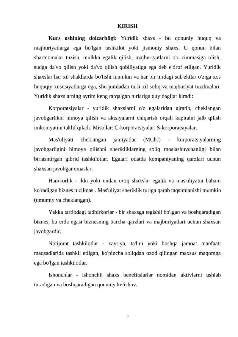 YURIDIK SHAXSLARNI BO'LISH VA AJRATIB CHIQARISHNING AMALGA OSHIRISH USULLARI kurs ishi 3