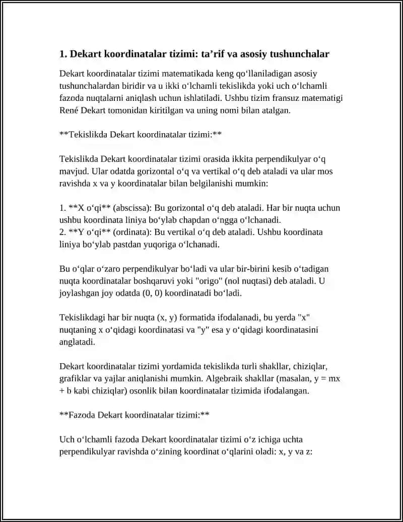 TEKISLIK VA FAZODA DEKART KOORDINATALAR SISTEMASI 3