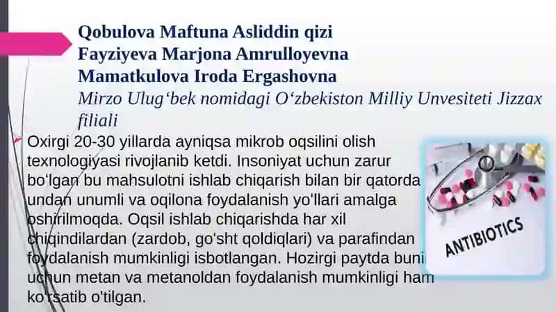 Oqsil va antibiotiklar ishlab chiqarish biotexnologiyasi 3