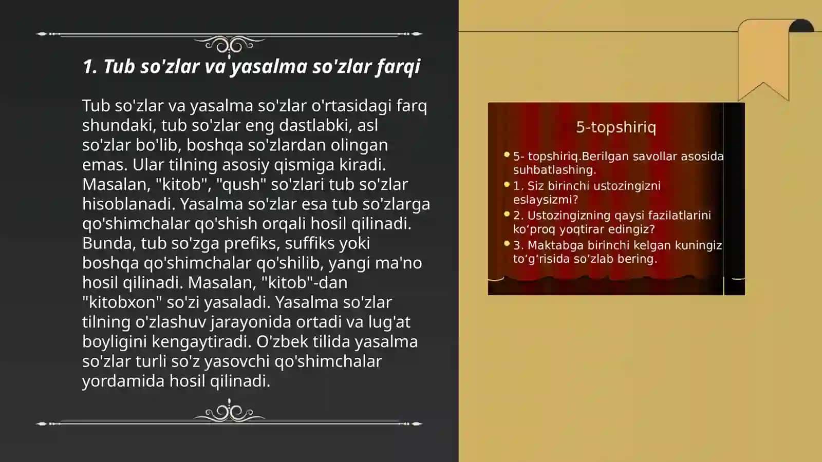 Tub va yasama so'zlar, so'z yasalishi dirivatsiya haqida ma'lumot 3