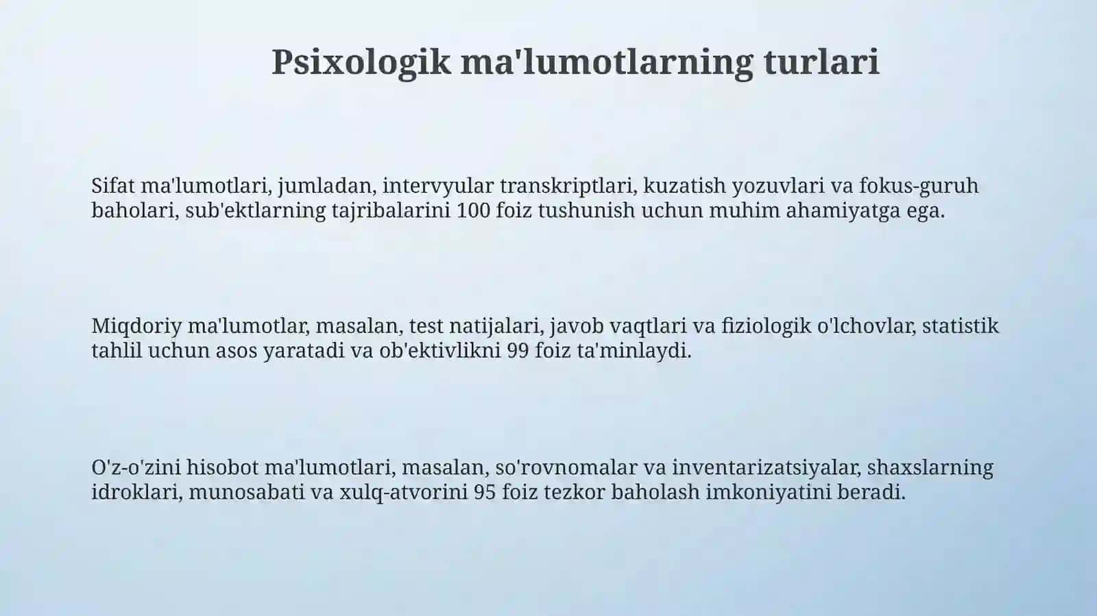 Psixologik ma'lumotlar turlari va ularni yig'ish usullari 3