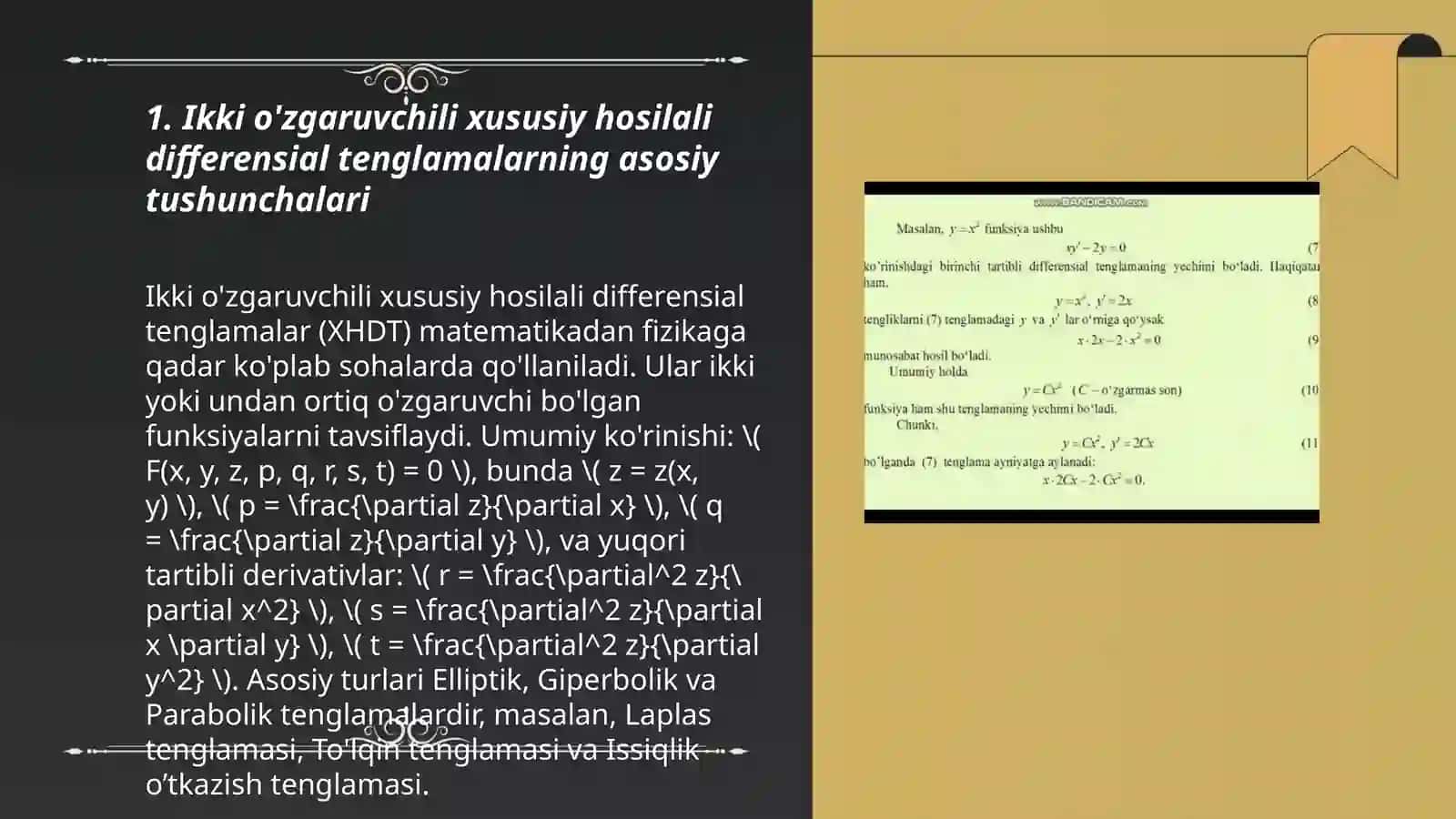 Ikki o'zgaruvchili xususiy hosilali differensial tenglamalarni kanonik ko'rinishga keltirish va umumiy yechimini topish 3