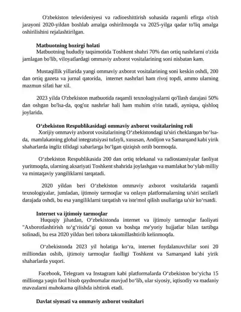 O'zbekiston Respublikasida ommaviy axborot vositalarining faoliyati 3